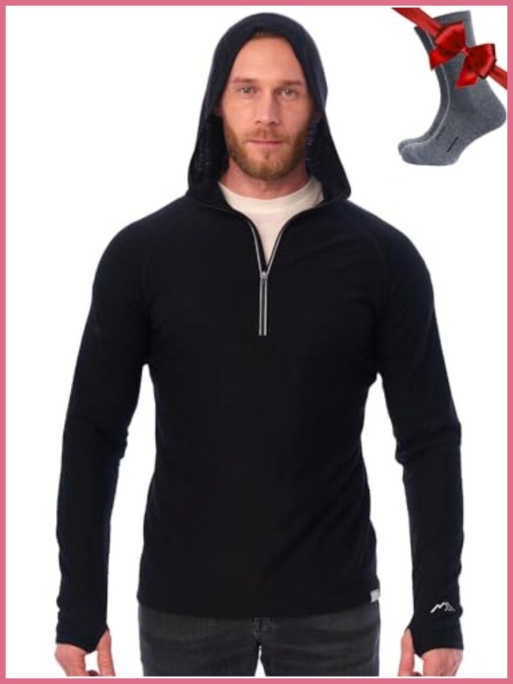 100% Merino Wool Hoodie Men Slim Fit Quarter Zip Thermal Base Layer